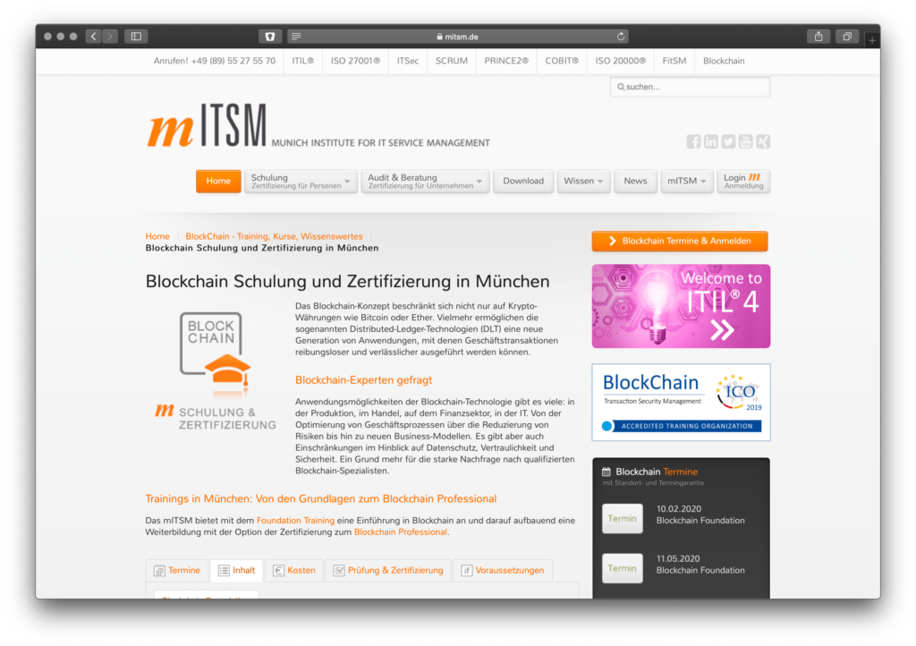 Screenshot Blockchain-Schulungsseite des mITSM