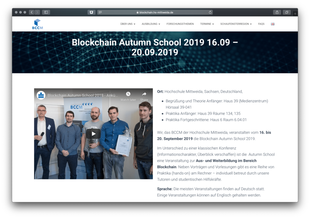 Screenshot Blockchain Training der Blockchain Autumn School an der Hochschule Mittweida