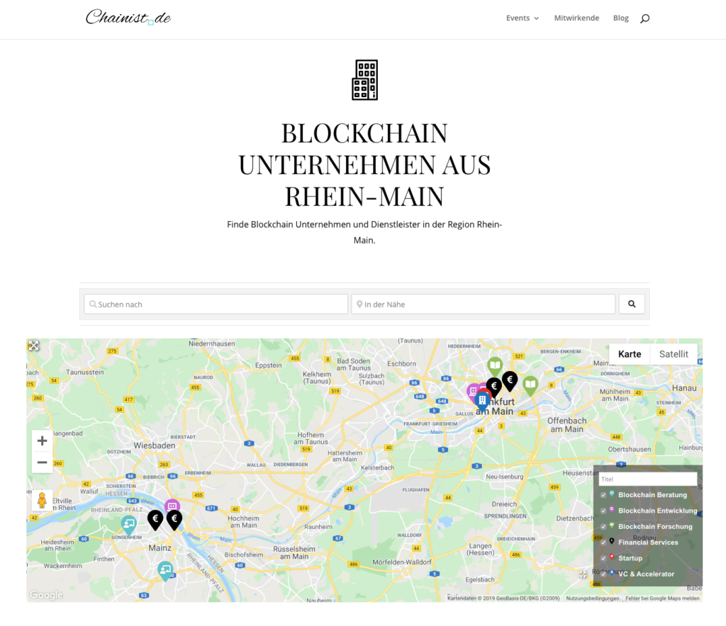 Screenshot Online Verzeichnis Blockchain Unternehmen in Rhein-Main